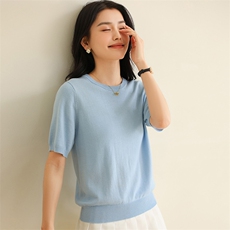 100%纯棉针织短袖女士2025夏季新款全面吸汗T恤圆领套头体恤上衣，女装T恤，伊绒腾羊绒