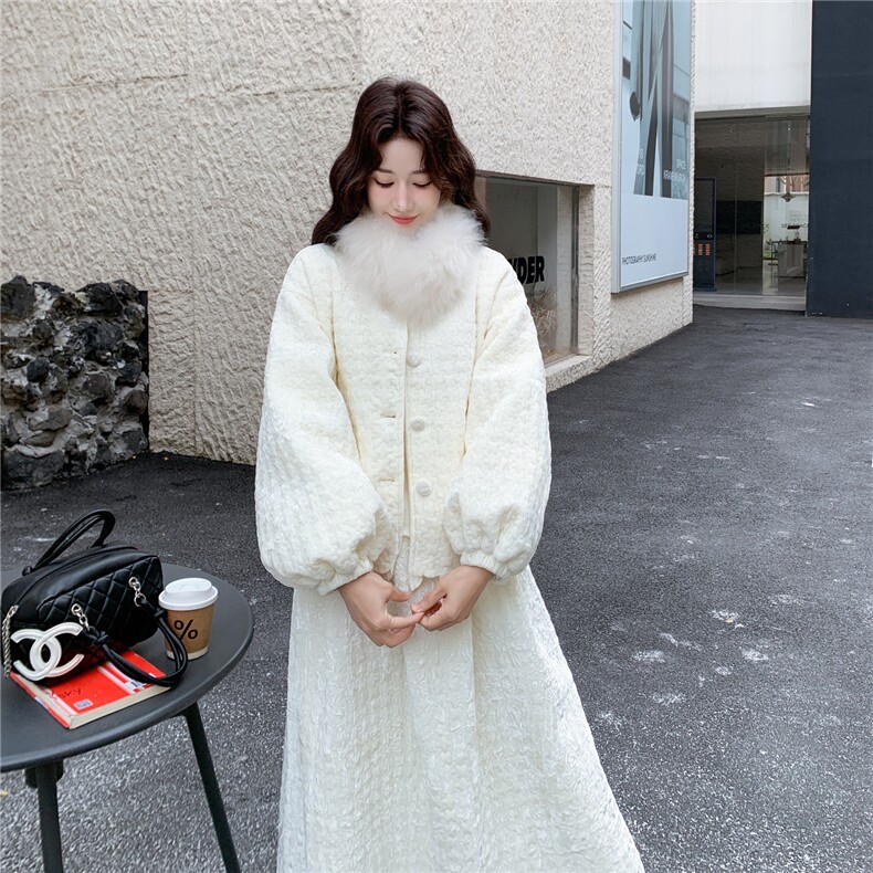 米白色加厚丽丝绒切花羽绒服套装（没有毛领）2596-P330，控488,女装羽绒服,2B218
