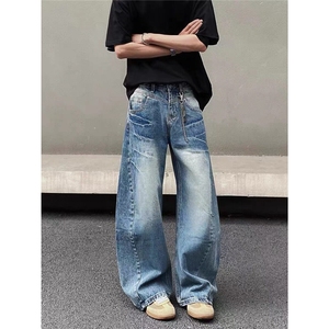 网图 美式复古闪电纹弯刀牛仔裤男女痞帅高级感廓形宽松阔腿裤子图片