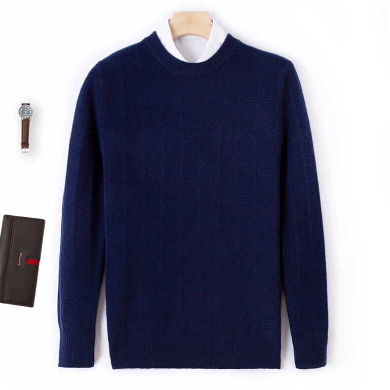 时尚男士秋季新款棋牌格圆领长袖羊毛衫经典百搭舒适保暖，男装羊毛衫，端硕羊绒