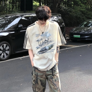抖音得物高品质二开240克宽松纯棉美式潮牌三条杠织带短袖T恤图片