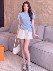 女夏新款时尚减龄套装圆领侧绑带晕染设计短袖上衣蕾丝短裤两件套，女装套装/套裙，江南