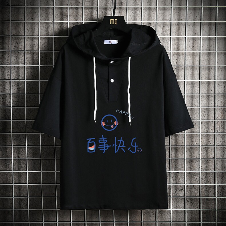 LD54183-P45连帽短袖t恤男大码胖子带帽五分袖中袖网格挂拍,男装T恤,电商A040A