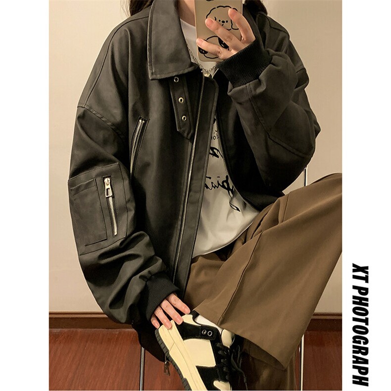 1中性扎染做旧面料双拉链大口袋情侣皮衣女夹克男JK77867P90控148，女装短外套，星座226-2