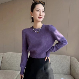 时尚百搭紫色圆领短款羊毛衫 显瘦修身麦穗针织毛衣图片