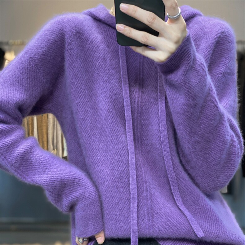 25秋冬新款100%纯羊毛连帽抽绳卫衣女宽松套头毛衣针织羊绒衫上衣,针织衫/毛衣,艾驰羊绒