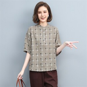 格子棉麻衬衫女夏新款宽松大码休闲短袖妈妈T恤洋气减龄亚麻上衣图片