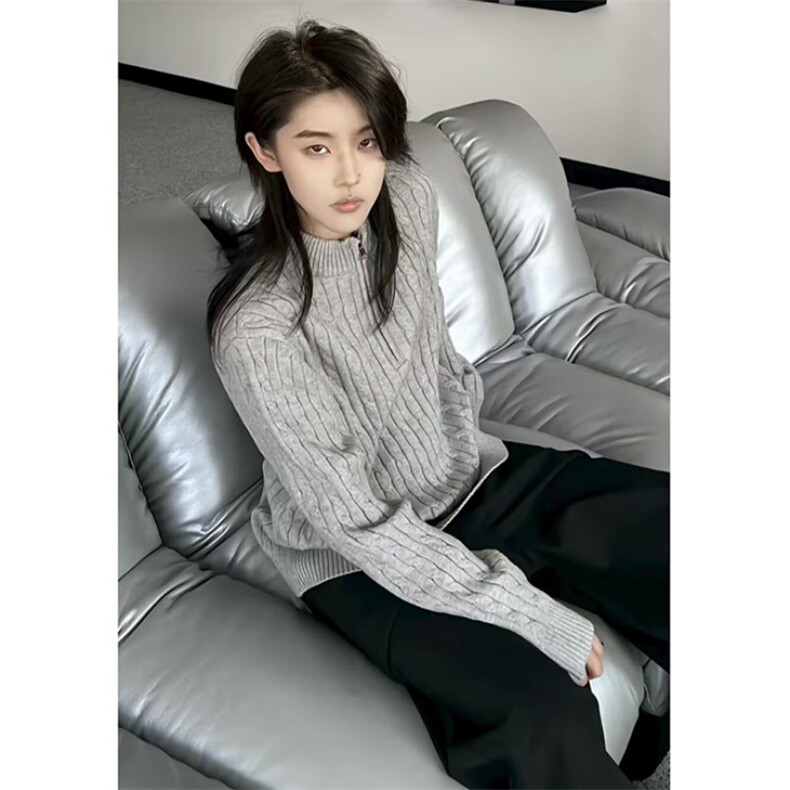 秋冬半拉链麻花针织毛衣女慵懒风宽松肌理感针织上衣MD801,男装针织衫/毛衣,星座1116A（原606A-3）