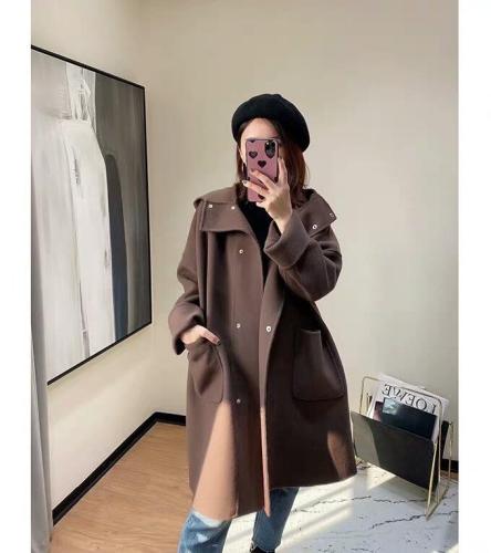 SL20129连帽双口袋长款百分百羊毛双面呢大衣,女装,L·H·X