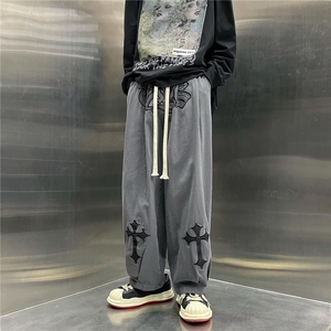 ER1913-P38 原宿风十字架万针刺绣男潮牌ins阔腿老爹裤痞帅长裤子图片
