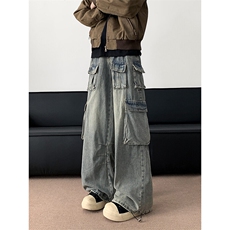 多口袋vibe高街美式复古工装裤女春秋阔腿牛仔裤男宽松hiphop裤子，男装牛仔裤，星座308B-1