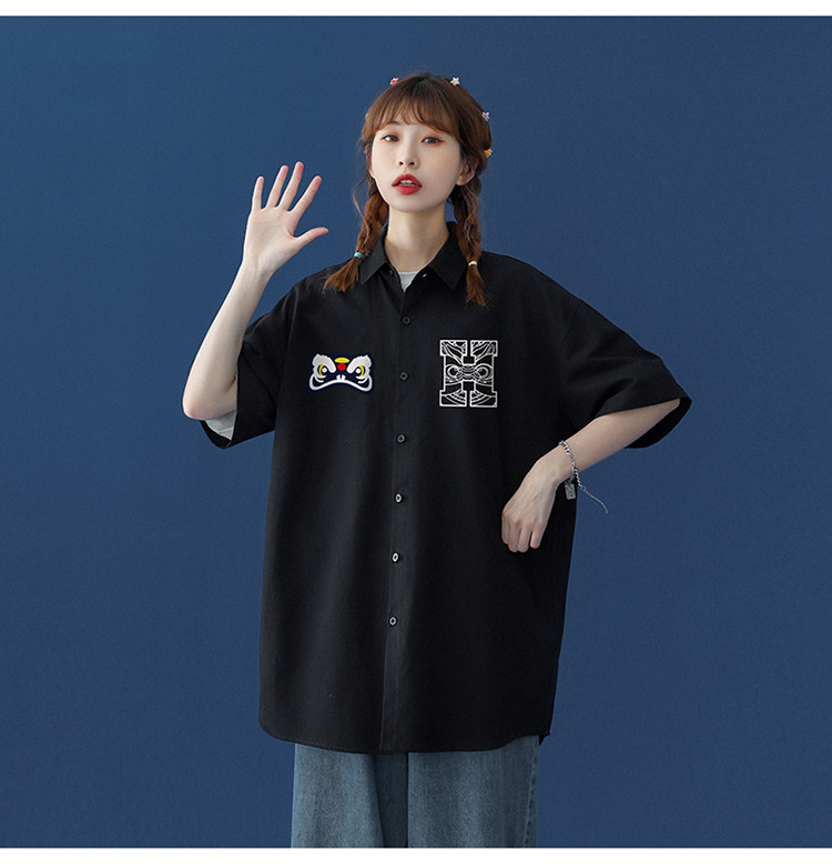 中性风2024夏季新品印花宽松翻领短袖衬衣衬衫CS105P35控58,女装衬衫,A247A