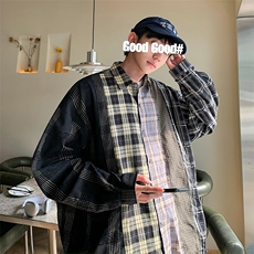 美式复古拼接格子条纹长袖衬衫男女潮牌情侣衬衣外套~C900-p45，男装衬衫，星座601-2