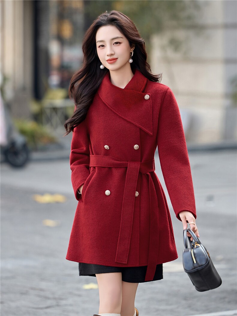 新款2025年冬季双旦新年主推款收腰中长款气质设计感毛呢外套,女装毛呢外套,乐吉娜