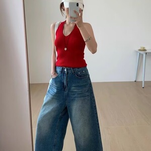 设计感水洗牛仔裤女夏季新款高腰宽松直筒阔腿裤小个子七分短裤子图片