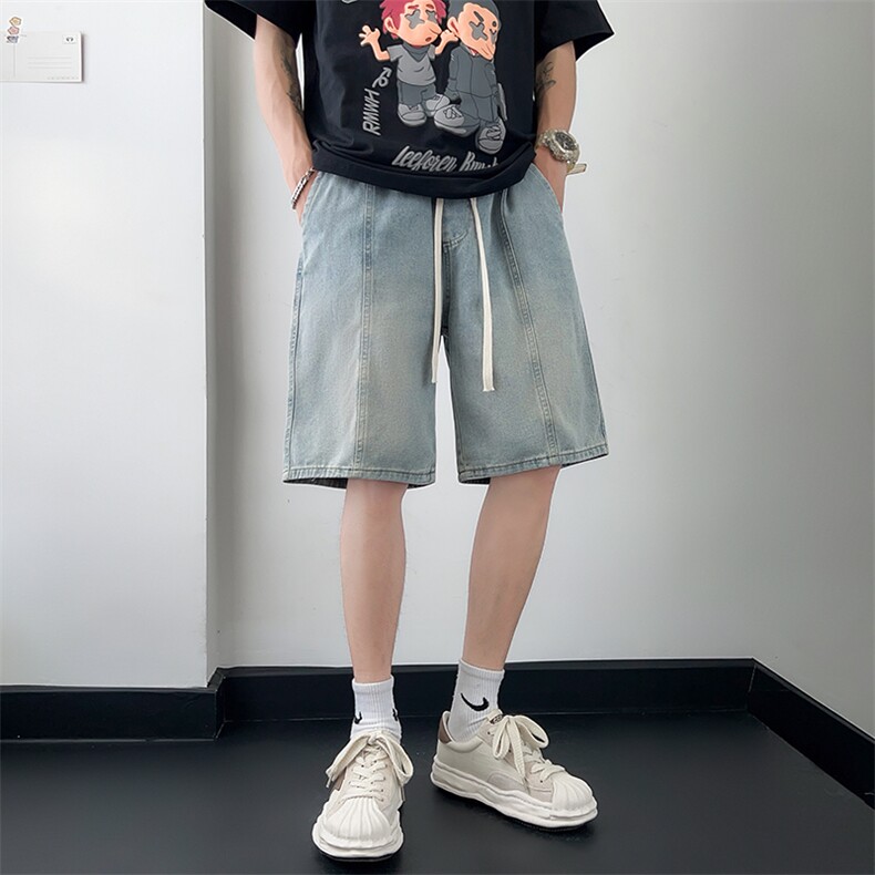 牛仔短裤男直筒裤黑底板景宽松美式复古休闲抽绳牛仔裤D351-P40,男装牛仔裤,星座717