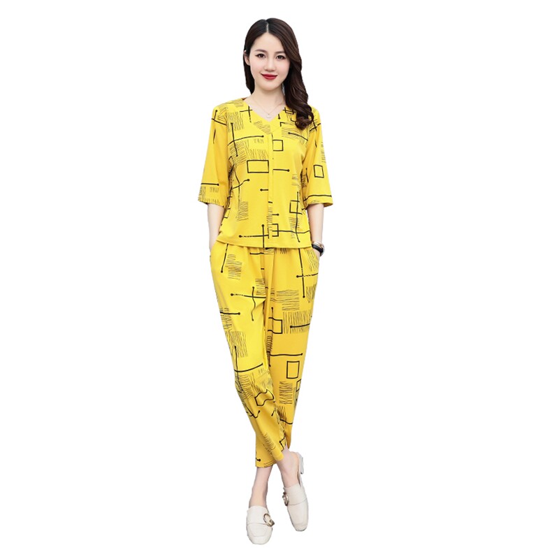 HXY802夏季妈妈套装2022新款印花透气短袖洋气休闲时尚减龄两件套,商品下架区,华秀衣
