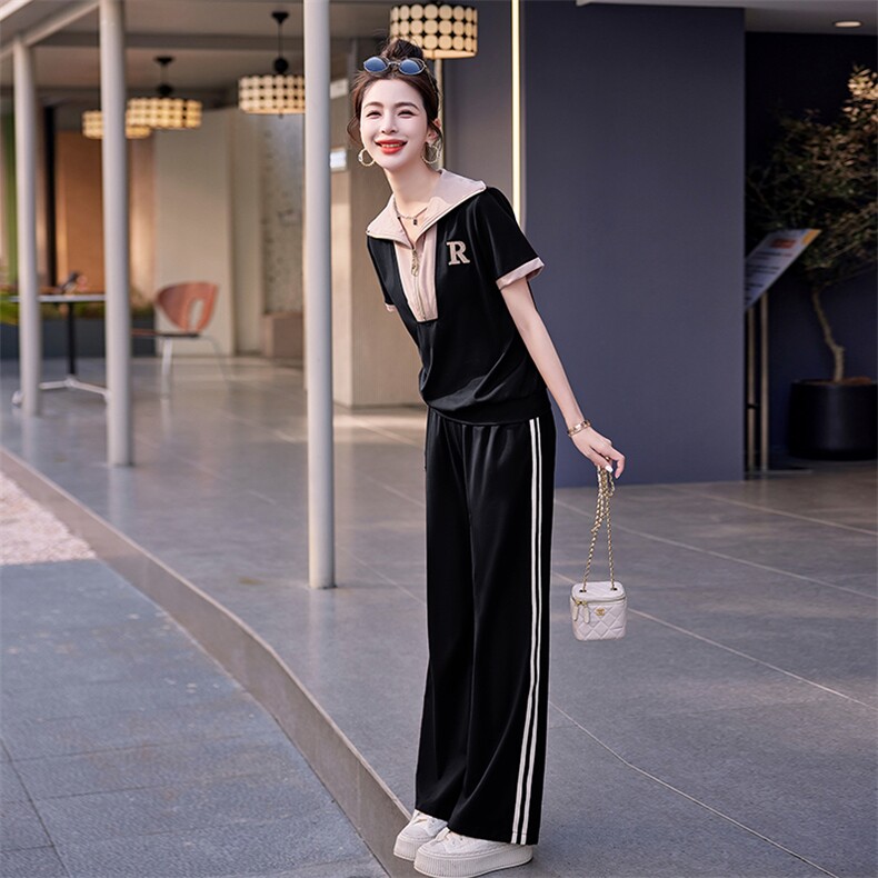 夏季女士运动服两件套短袖休闲时尚潮流拼接大码妈妈装显瘦套装,女装套装/套裙,依路服饰
