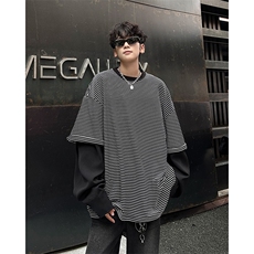 cleanfi条纹假两件卫衣男春秋美式潮牌拼接圆领长袖t恤ST492-P46，男装T恤，星座412-2