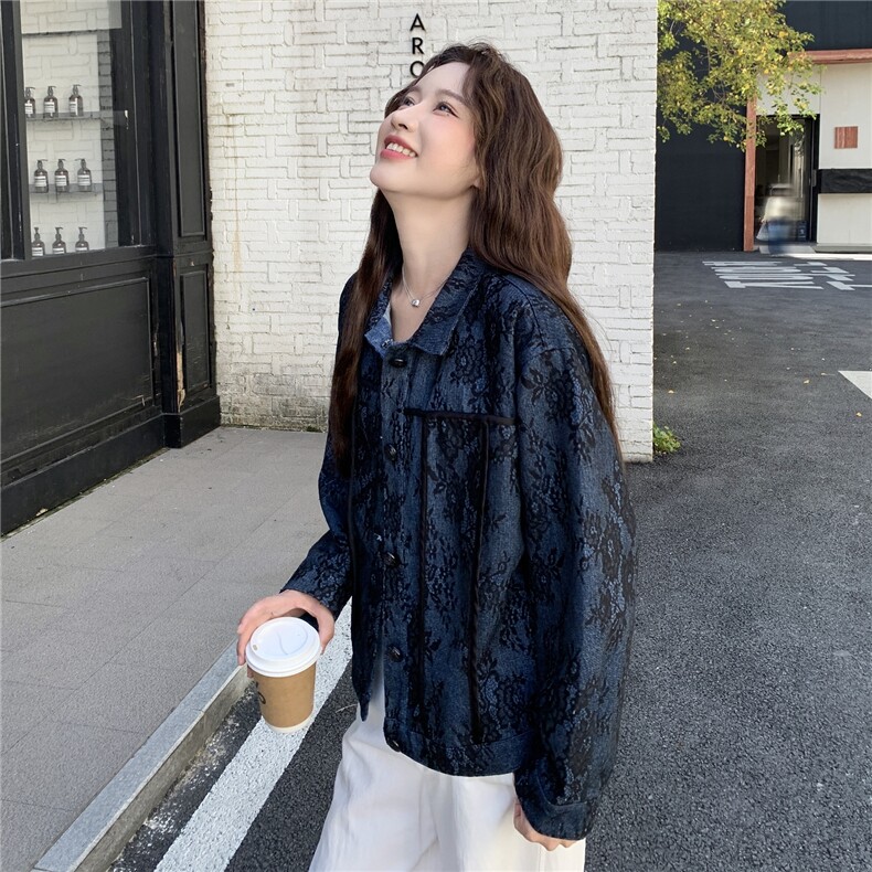 休闲蓝色碎花洋气百搭翻领短外套女春秋2025新款小个子夹克巨好看,女装短外套,2C057