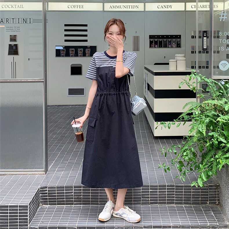 2025夏季新款设计感小众时髦显瘦拼接条纹工装裙夏薄女连衣裙,女装连衣裙,1C151