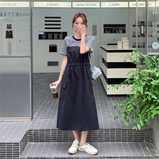 2025夏季新款设计感小众时髦显瘦拼接条纹工装裙夏薄女连衣裙，女装连衣裙，1C151
