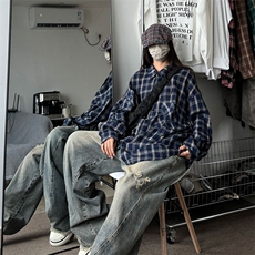 衬衫男秋季新款港风宽松大码磨毛格子长袖衬衣CS530-P38，男装衬衫，星座214-3