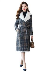 冬季新款时尚大衣格子加毛毛呢外套女皮毛一体外套大衣图片