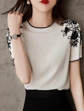 夏季大码冰丝针织衫女士短袖t恤宽松遮肚子巨显瘦，女装T恤，德聚羊绒