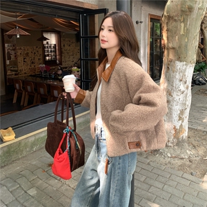 美式PU皮撞色拼接短款毛呢外套女秋冬2025新款炸街御姐轻熟风大衣图片