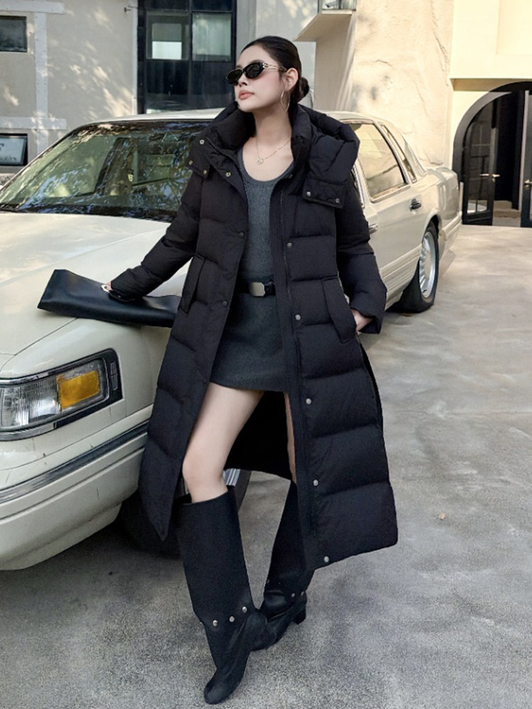 现货过膝羽绒服女加厚2026年冬季新款韩版收腰时尚保暖白鸭绒外套,女装羽绒服,琦鑫阁（原依鑫阁）