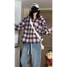磨毛加厚连帽外套秋季美式慵懒风格子长袖衬衫C2257-特价P45，男装衬衫，电商A007