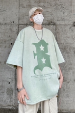 2023夏季字母印花麂皮绒短袖男潮牌高街大码情侣打底T恤T159-P30，男装T恤，电商A001-1