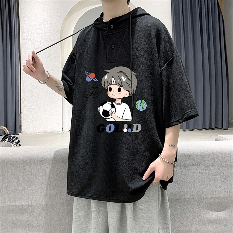 LD54207-P45连帽短袖t恤男大码胖子带帽五分袖中袖,男装T恤,电商A040