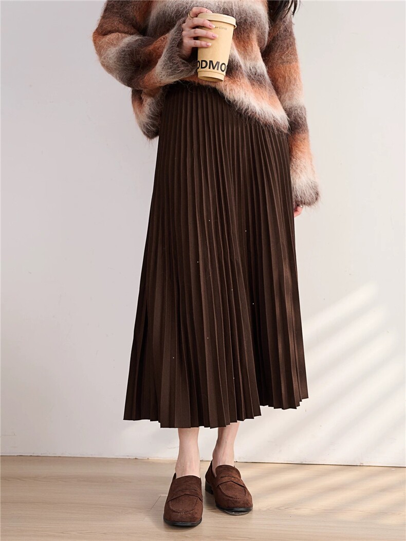 2025年秋季中长款百褶裙大摆A字半身裙，女装半身裙，湘姗
