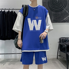 华夫格套装潮流休闲短袖短裤两件套FTZ3076-P55控78，男装牛仔裤，电商B370