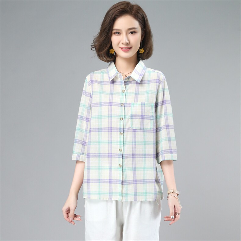 纯棉格子衬衣女款2025新款爆款春秋中老年女士衬衫长袖上衣图片