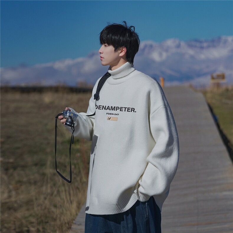 特批新疆外景时尚宽松高领字母印花毛衣M1201特P45加绒P60控88,男装针织衫/毛衣,电商A247