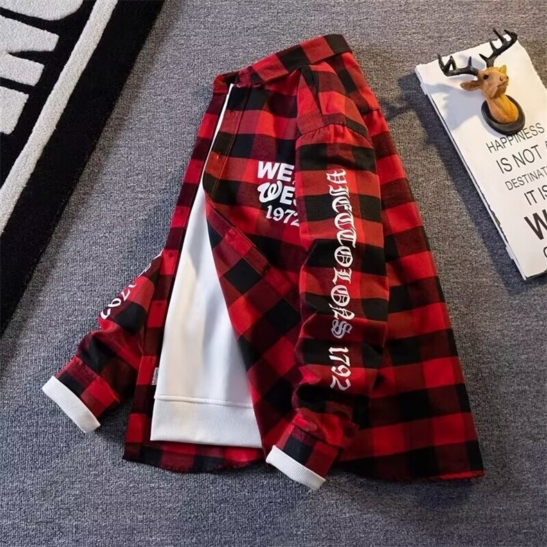 日系长袖黑白韩版潮流春秋款外套格子衬衫青少年气质款GZ807/P34，男装衬衫，星座506B