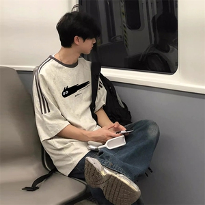 夏季美式高街重磅纯棉三条杠织带撞色男女短袖T恤ZD578-特P30图片