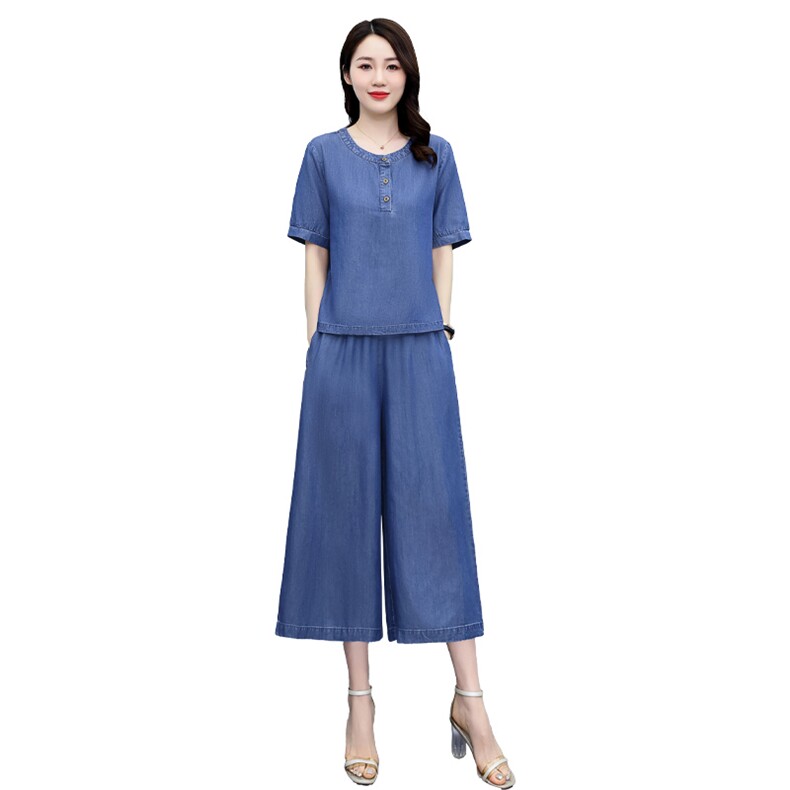牛仔天丝阔腿裤套装夏大码遮肚显瘦妈妈休闲宽松洋气减龄薄款,女装套装/套裙,魅影