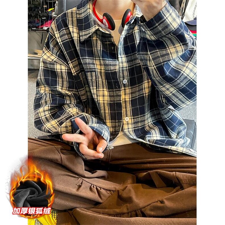 港风格子翻领长袖衬衫男女中性潮流宽松衬衣C5450J加绒-特P38控68，男装衬衫，电商A001-1