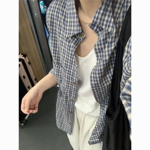 韩系蓝色显白格子衬衫外套女秋季慵懒风衬衣宽松休闲外搭开衫上衣图片