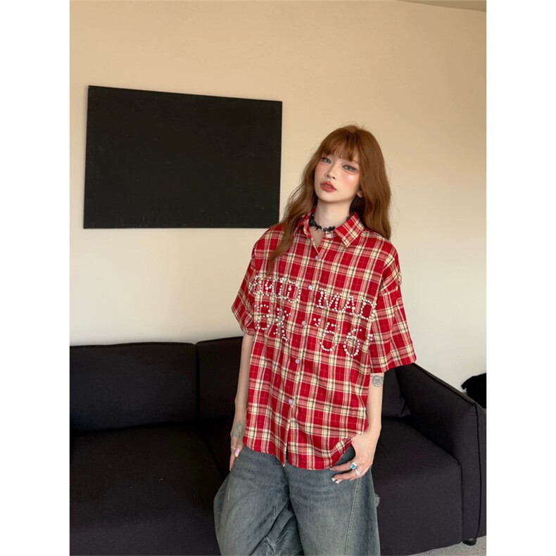 网图有货美式复古珍珠短袖格子衬衫男女宽松情侣衬衣A601-P45,男装T恤,星座1505