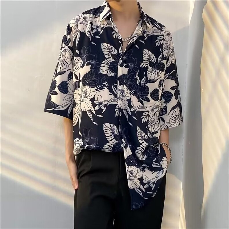 港风vintage花衬衫男女复古夏威夷痞帅宽松情侣短袖衬衣潮牌外套,男装衬衫,电商B212（原钱塘6029）