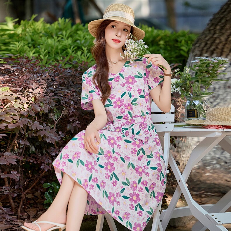 温柔风花卉印花纯棉连衣裙女2026夏薄款短袖气质收腰显瘦减龄裙子,女装连衣裙,倪叶myz