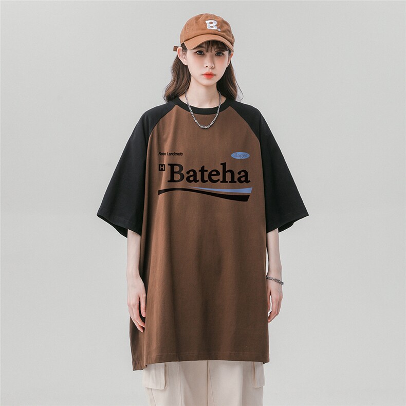 中性风 2025新款夏季全棉宽松插肩袖拼色短袖T恤 DT449 P35控58图片