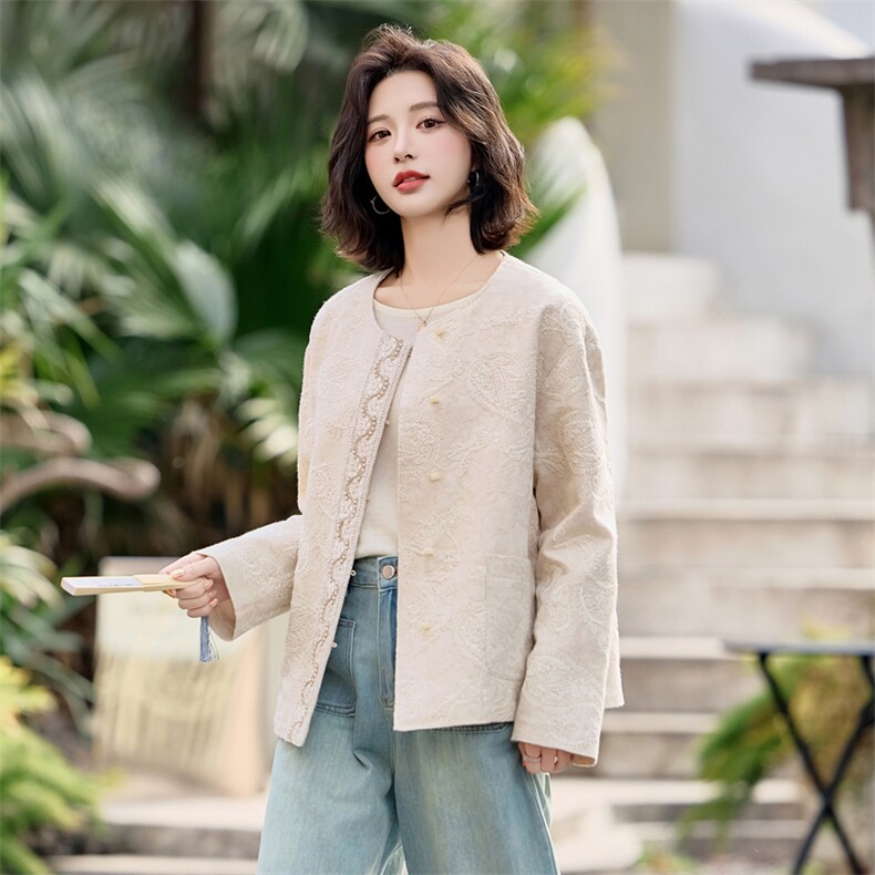 刺绣棉麻短外套女2025春秋季新款宽松休闲新中式时尚风衣重工,女装短外套,梦懿尔