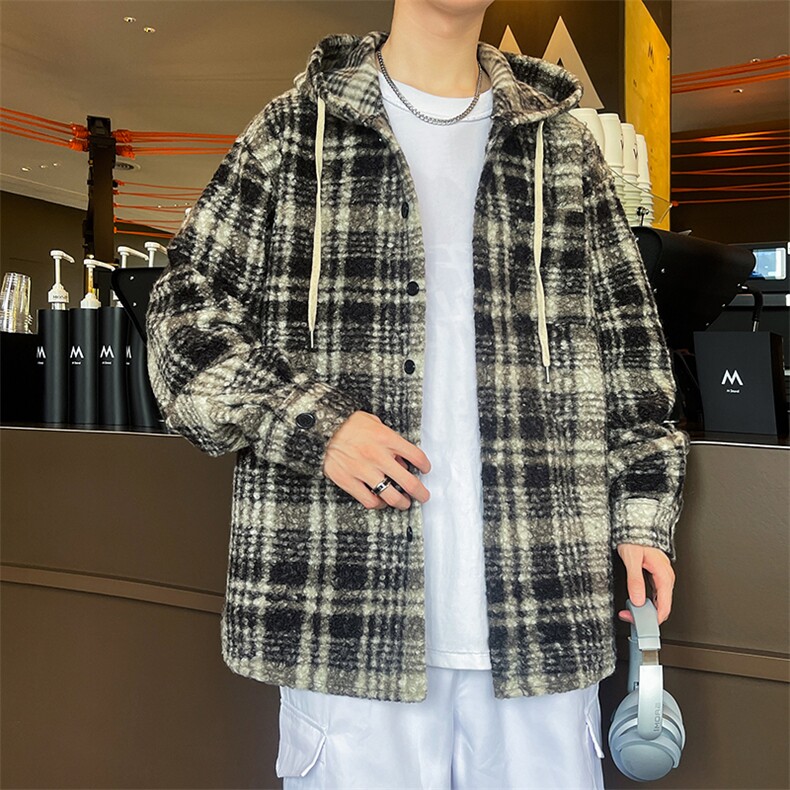 格子秋冬款圈圈毛男装夹克外套呢子料连帽加厚衬衫A056-5730P60,男装夹克,电商A056