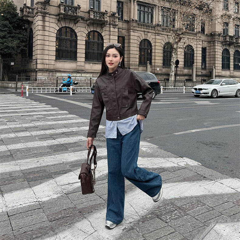 短款机车pu皮外套女2024秋季新款欧美时尚拉链口袋显瘦皮夹克女潮,女装皮衣,江南女神